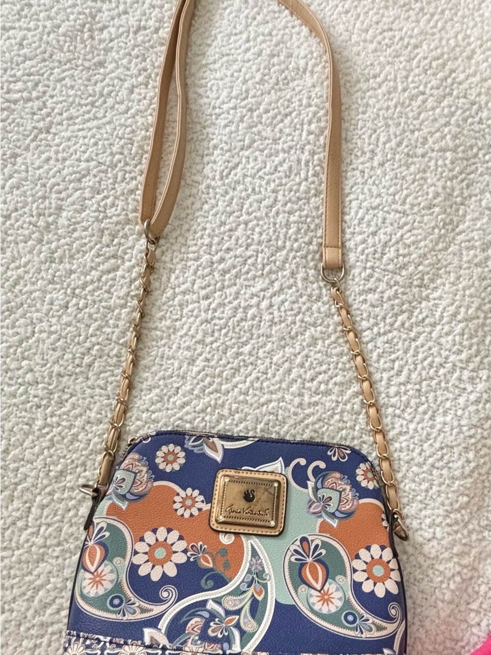 Gloria Vanderbilt Navy Floral Paisley Crossbody with Tan Chain Strap